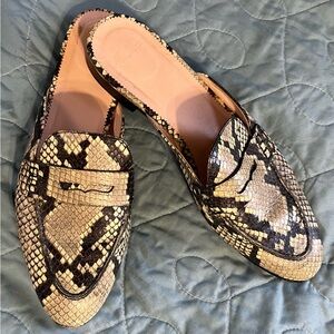 J. Crew Snake-Print Slip-On Mules in Beige and Black